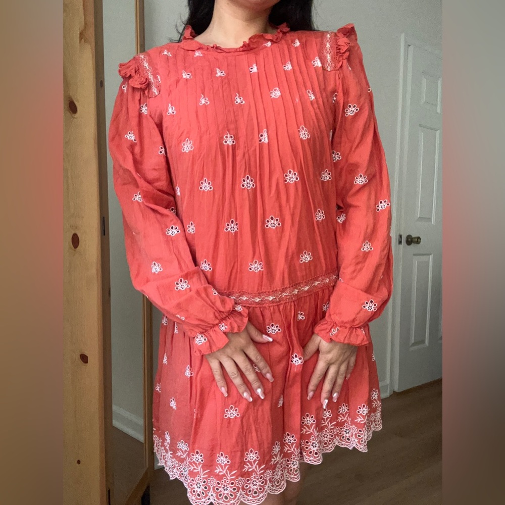 Orange Long Sleeve Embroidered Dress
